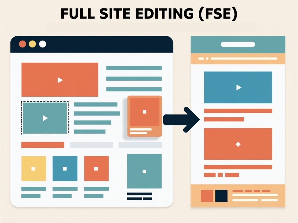 Full Site Editing (FSE) graphic showing a desktop website being edited and converted into a mobile-friendly version