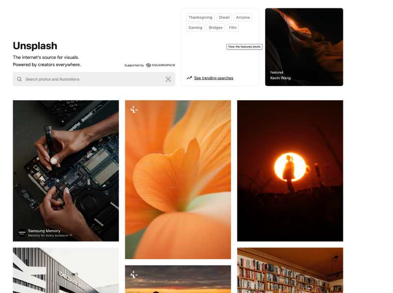 Unsplash homepage with royalty-free images: orange flower, sunset, electronics work, library bookshelf, and search bar for free stock photos